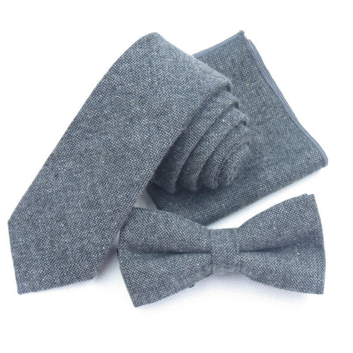 3Pcs Men's Solid Color Imitation Wool Bow Tie Necktie Set - Black - Bow Tie + Necktie + Handkerchief - image 4
