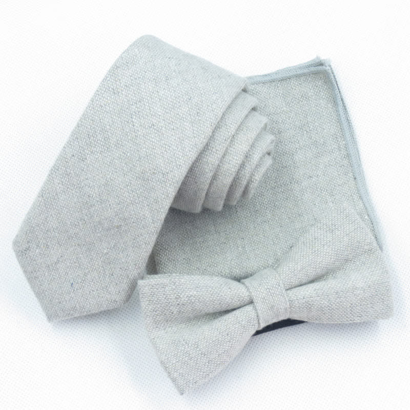 3Pcs Men's Solid Color Imitation Wool Bow Tie Necktie Set - Light Gray - Bow Tie + Necktie + Handkerchief - image 10