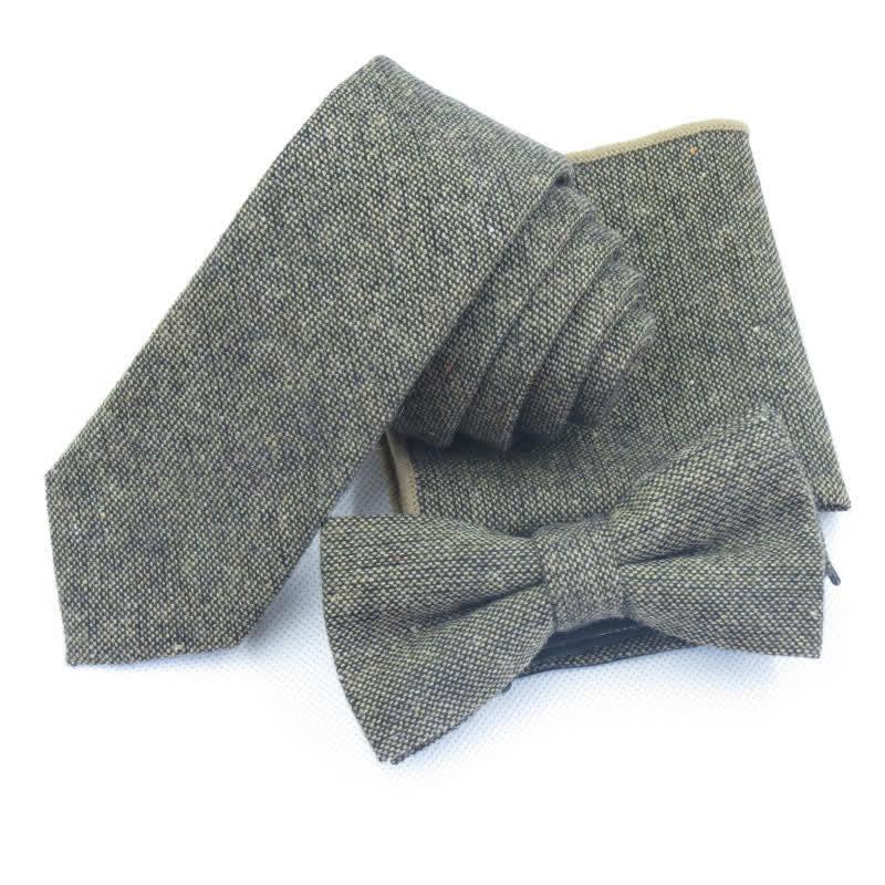 3Pcs Men's Solid Color Imitation Wool Bow Tie Necktie Set - Dark Khaki - Bow Tie + Necktie + Handkerchief - image 0