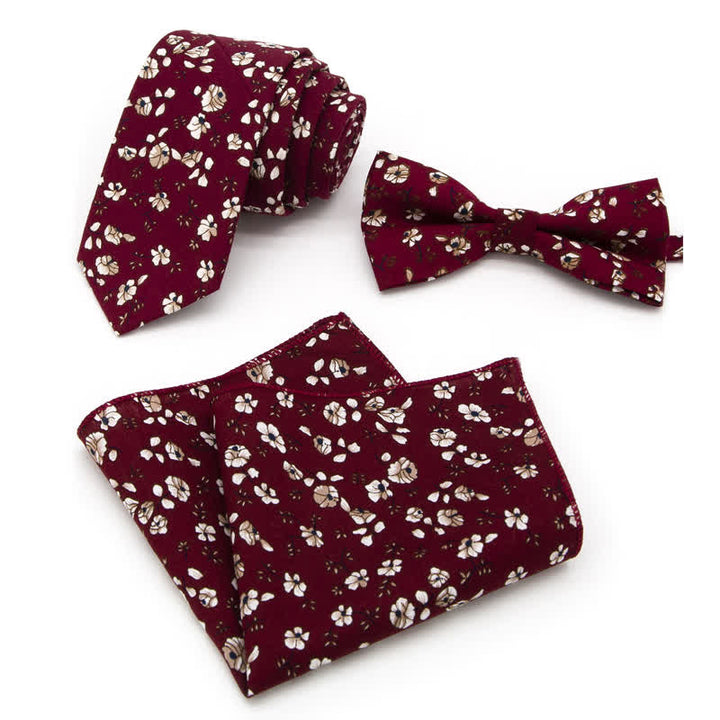 3Pcs Men's Flowers Paisley Cotton Bow Tie Necktie Set - Style #11 - Bow Tie + Necktie + Handkerchief - image 30