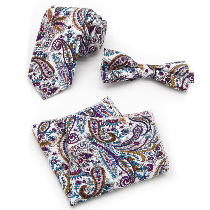 3Pcs Men's Flowers Paisley Cotton Bow Tie Necktie Set - Style #4 - Bow Tie + Necktie + Handkerchief - image 9