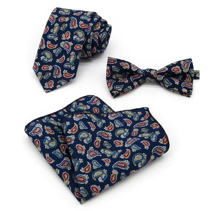 3Pcs Men's Flowers Paisley Cotton Bow Tie Necktie Set - Style #2 - Bow Tie + Necktie + Handkerchief - image 3