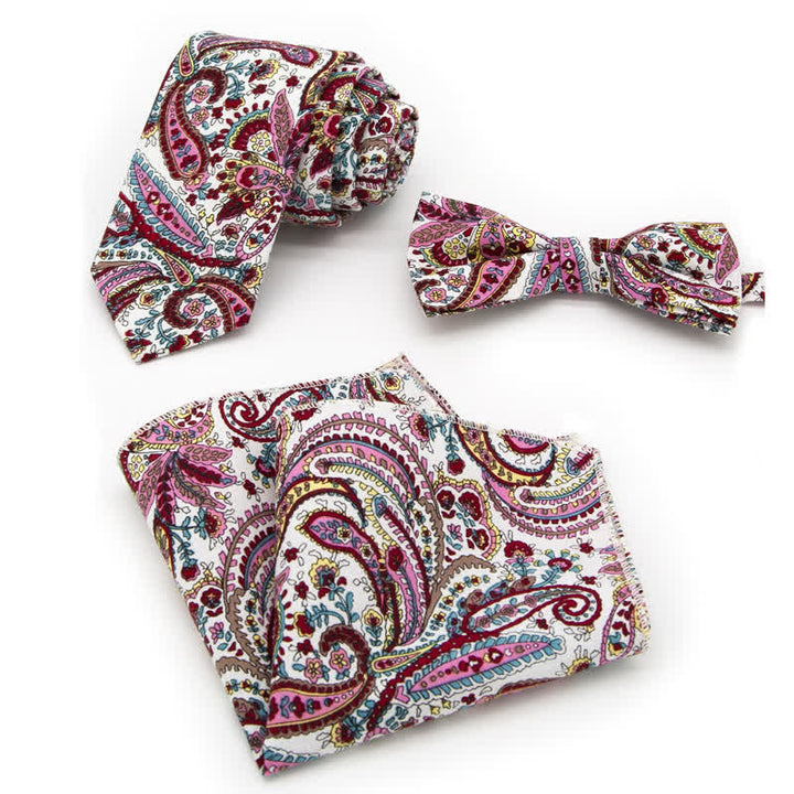 3Pcs Men's Flowers Paisley Cotton Bow Tie Necktie Set - Style #1 - Bow Tie + Necktie + Handkerchief - image 0