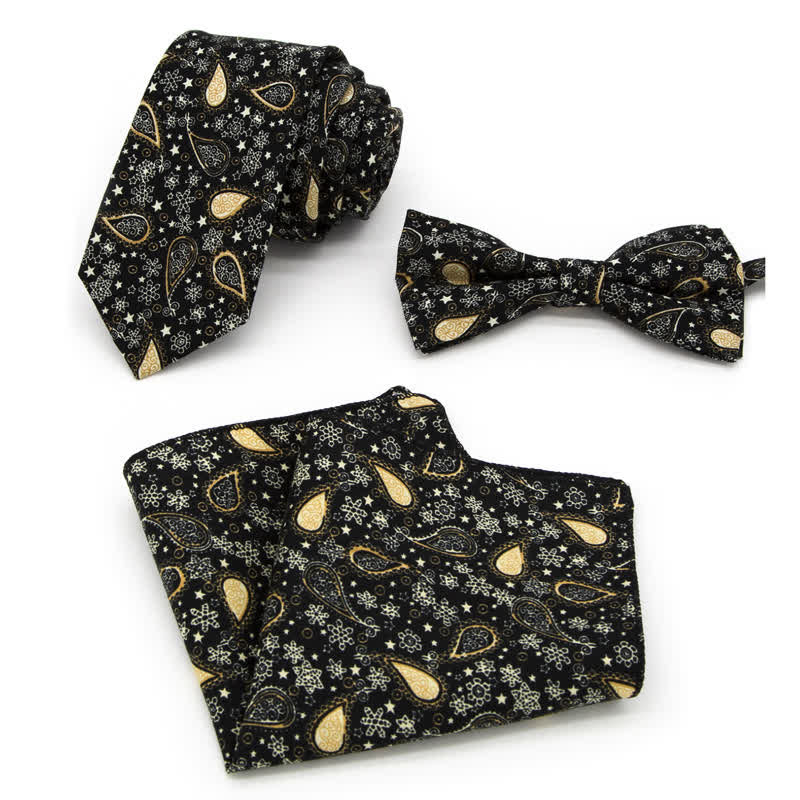 3Pcs Men's Flowers Paisley Cotton Bow Tie Necktie Set - Style #3 - Bow Tie + Necktie + Handkerchief - image 6