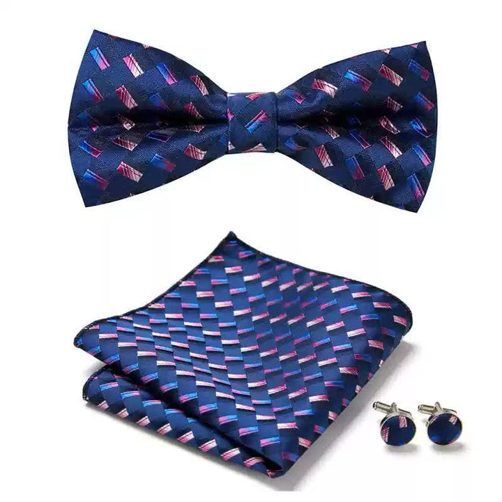 3Pcs Men's Navy Weave Pattern Pocket Square Cufflinks Bow Tie Set - Navy - image 0