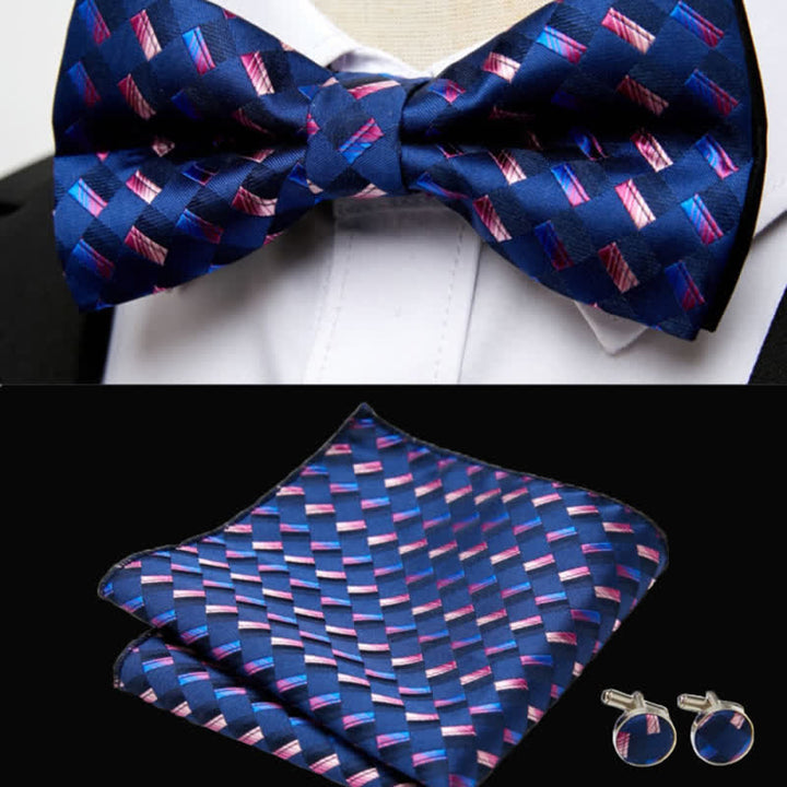3Pcs Men's Navy Weave Pattern Pocket Square Cufflinks Bow Tie Set - image 1