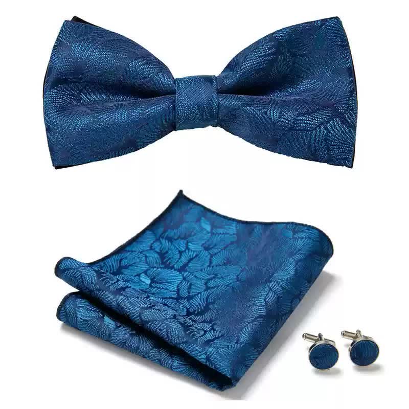 3Pcs Men's Blue Palm Leaves Pocket Square Cufflinks Bow Tie Set - Blue & Green - image 0