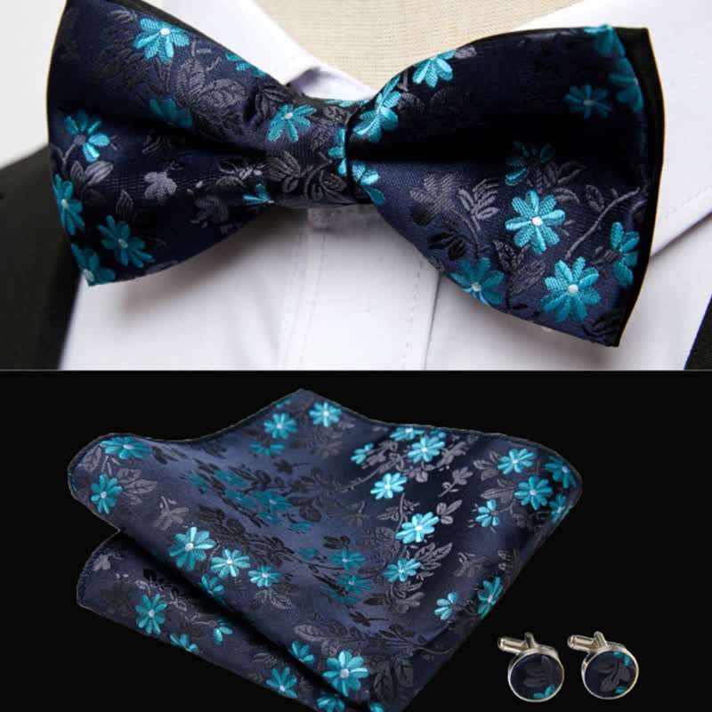 3Pcs Men's Midnight Blue Flowers Pocket Square Cufflinks Bow Tie Set - image 1
