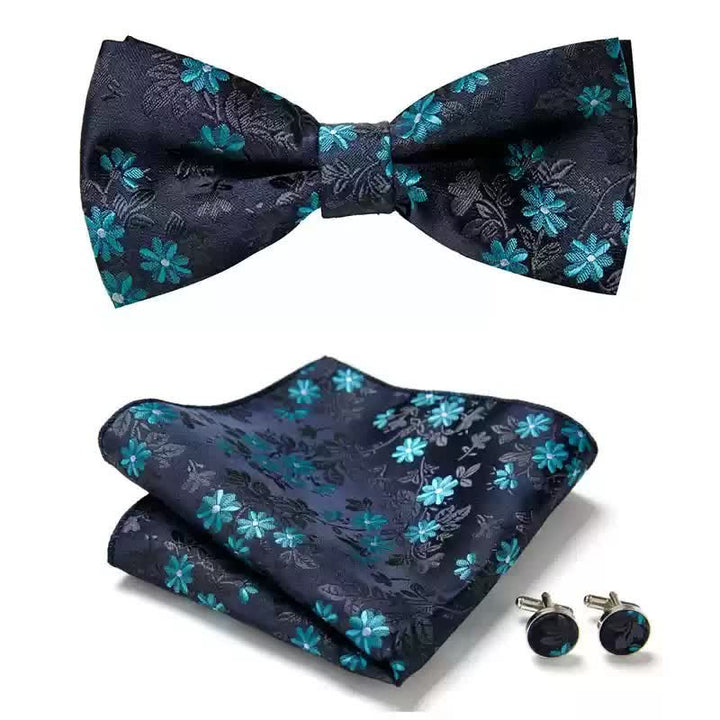 3Pcs Men's Midnight Blue Flowers Pocket Square Cufflinks Bow Tie Set - Midnight Blue - image 0