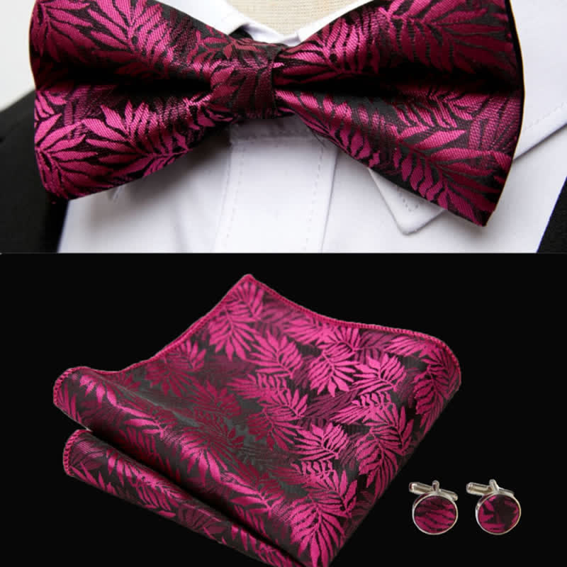 3Pcs Men's Fuchsia Leaves Pocket Square Cufflinks Bow Tie Set - image 1