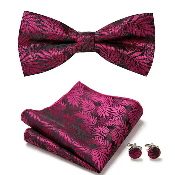 3Pcs Men's Fuchsia Leaves Pocket Square Cufflinks Bow Tie Set - Fuchsia - image 0