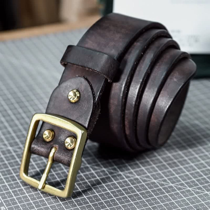 Casual Brass Buckle Hand-Made Distressed Leather Belt - image 5