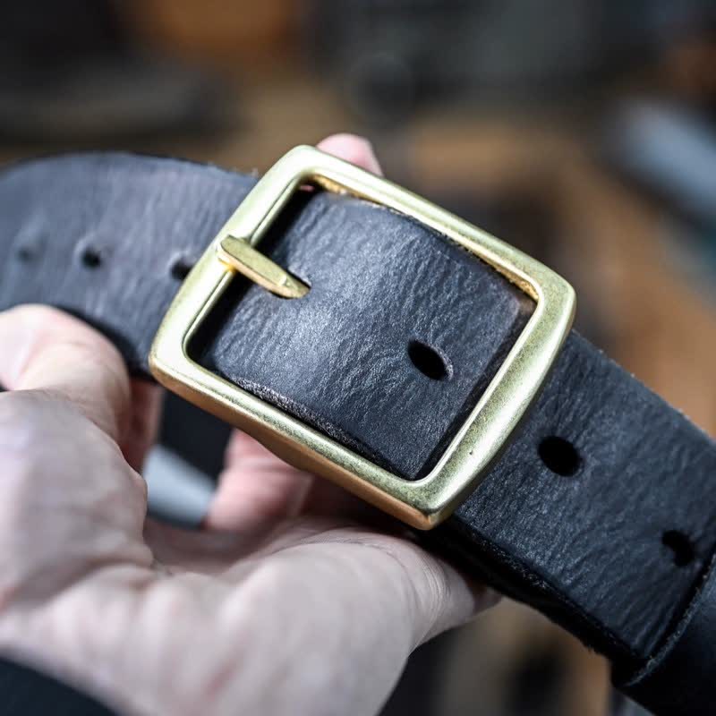Casual Brass Buckle Hand-Made Distressed Leather Belt - Black - 42 - image 16