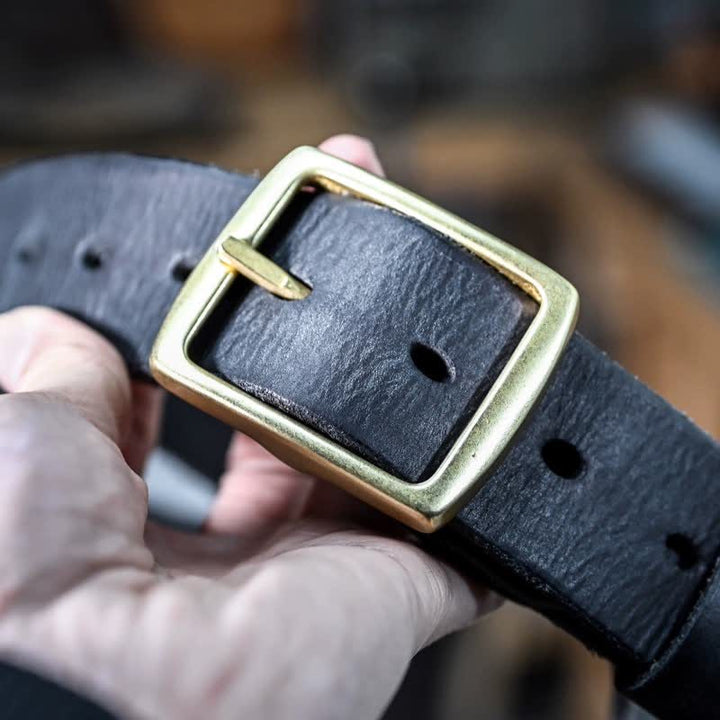 Casual Brass Buckle Hand-Made Distressed Leather Belt - Black - 42 - image 16