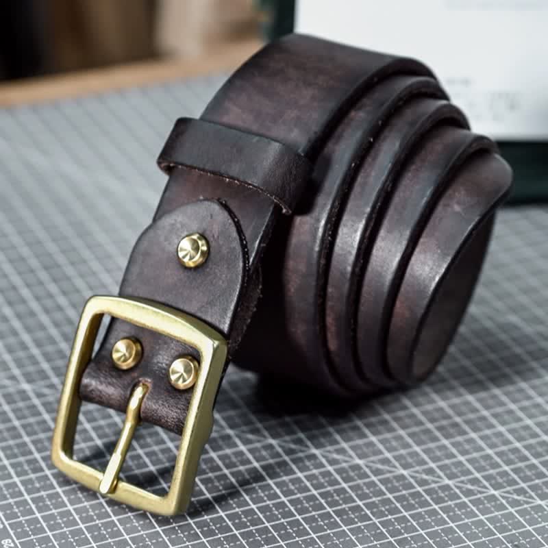 Casual Brass Buckle Hand-Made Distressed Leather Belt - image 5