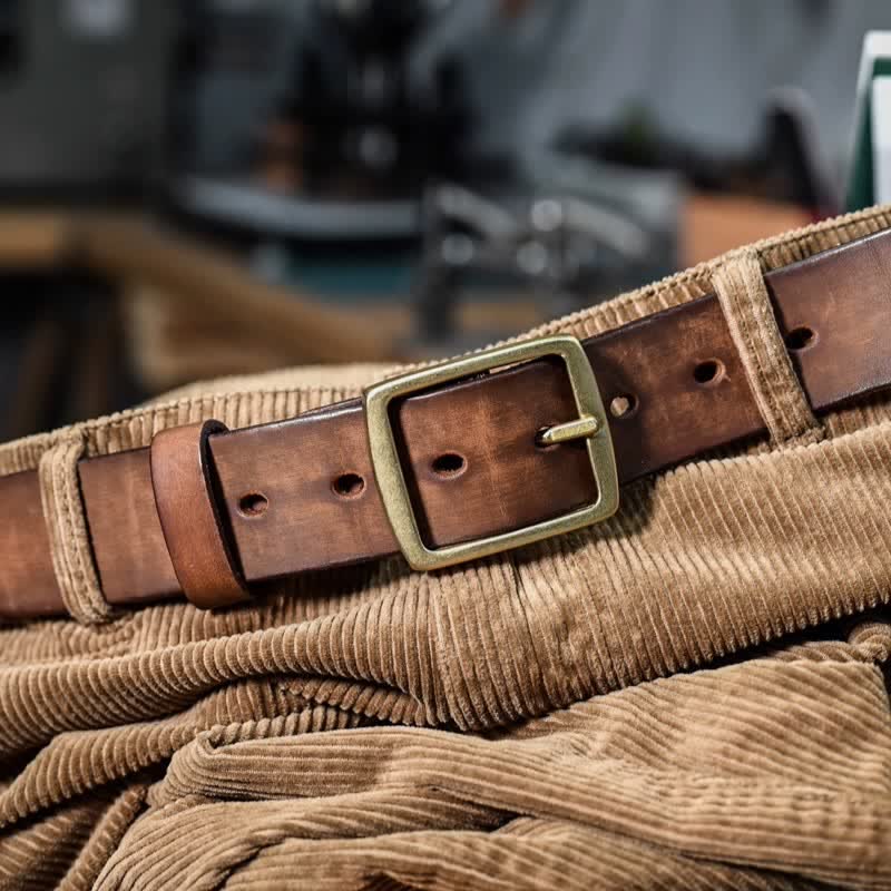 Casual Brass Buckle Hand-Made Distressed Leather Belt - Yellowish Brown - 42 - image 10