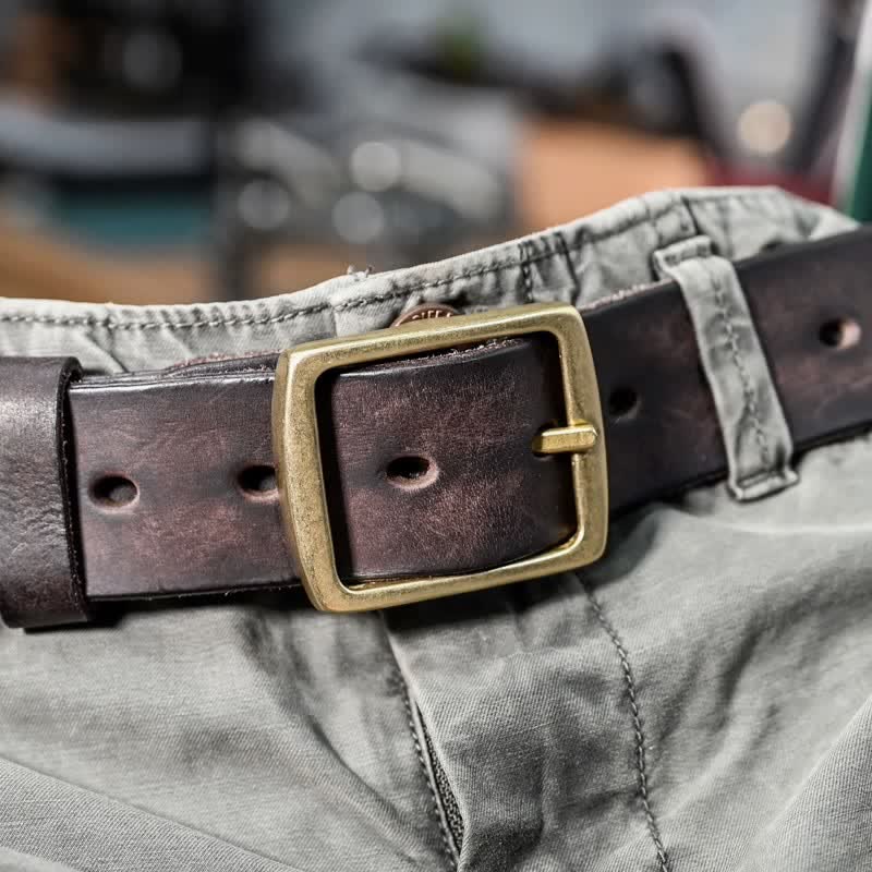 Casual Brass Buckle Hand-Made Distressed Leather Belt - Dark Brown - 42 - image 4