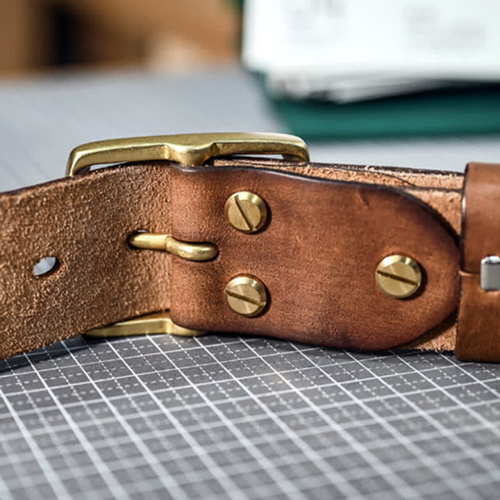 Casual Brass Buckle Hand-Made Distressed Leather Belt - image 15