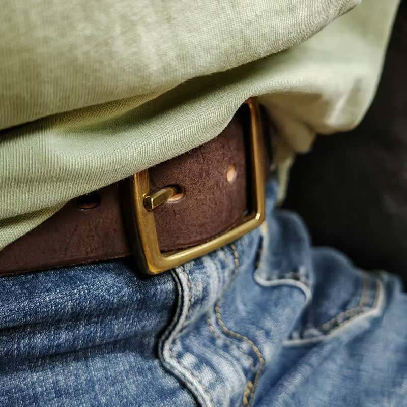 Casual Brass Buckle Hand-Made Distressed Leather Belt - image 8