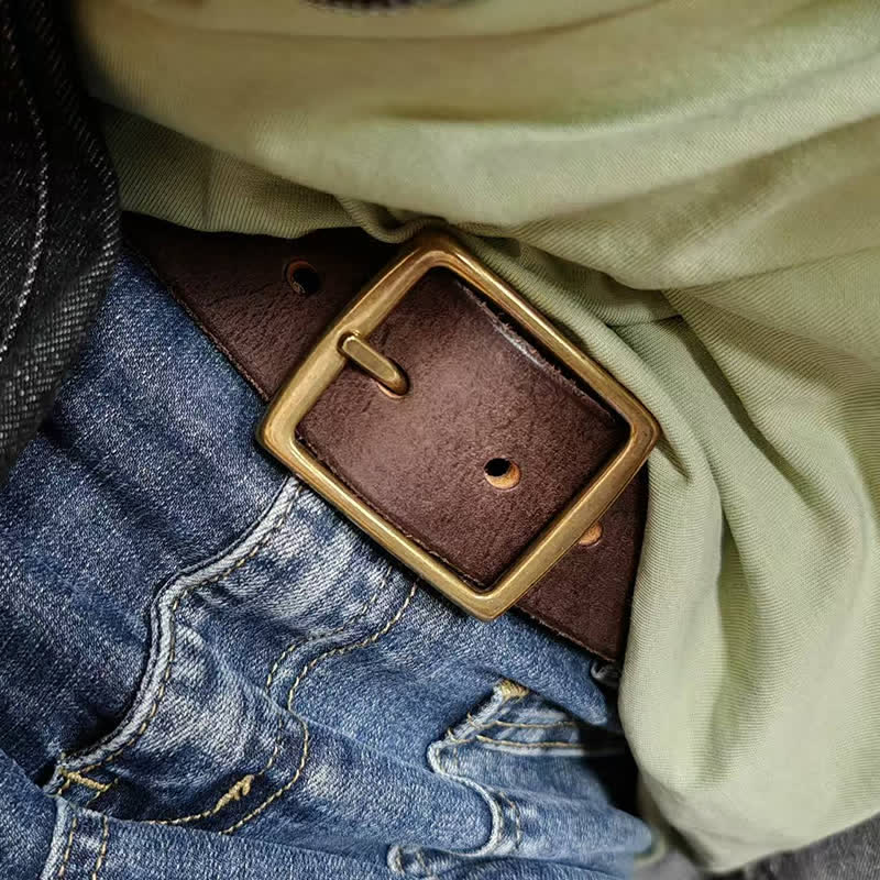 Casual Brass Buckle Hand-Made Distressed Leather Belt - image 7