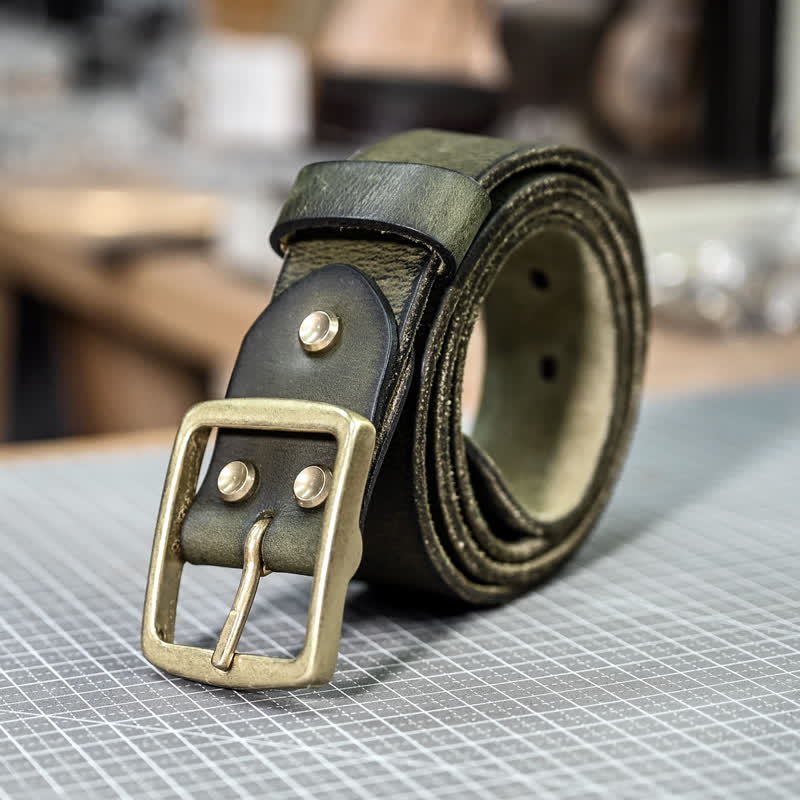 Casual Brass Buckle Hand-Made Distressed Leather Belt - Army Green - 42 - image 0