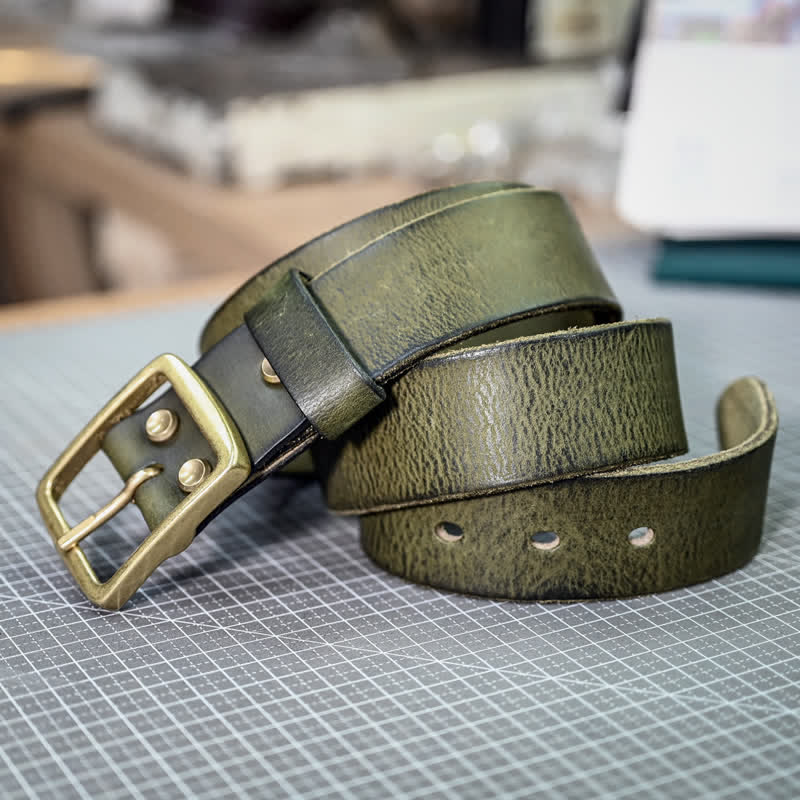 Casual Brass Buckle Hand-Made Distressed Leather Belt - image 1