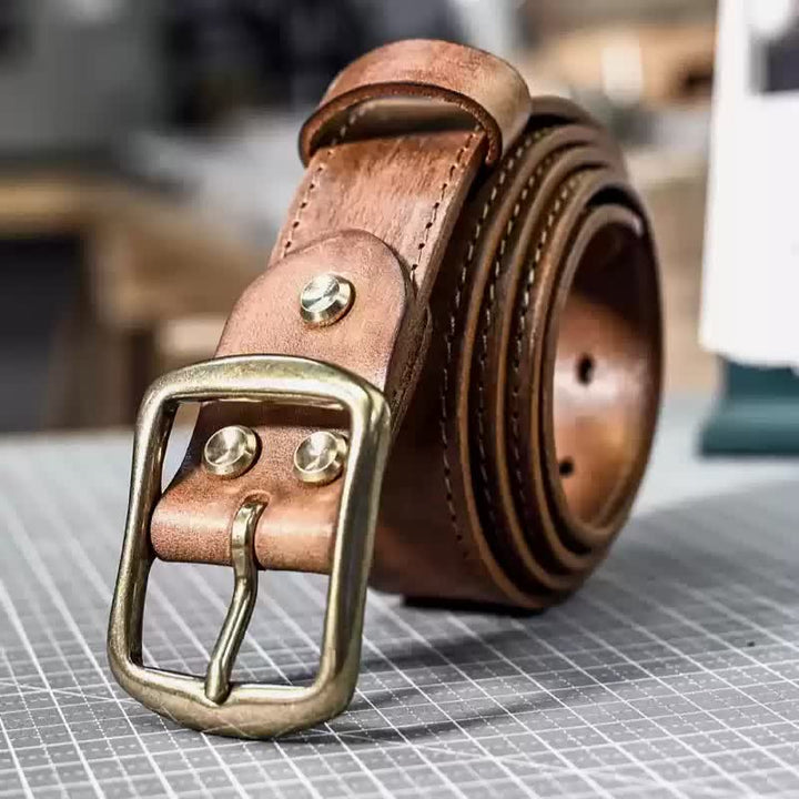Retro Distressed Brass Buckle Hand-Made Stitching Leather Belt - Yellowish Brown - 42 - image 0