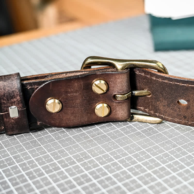 Retro Distressed Brass Buckle Hand-Made Stitching Leather Belt - image 10