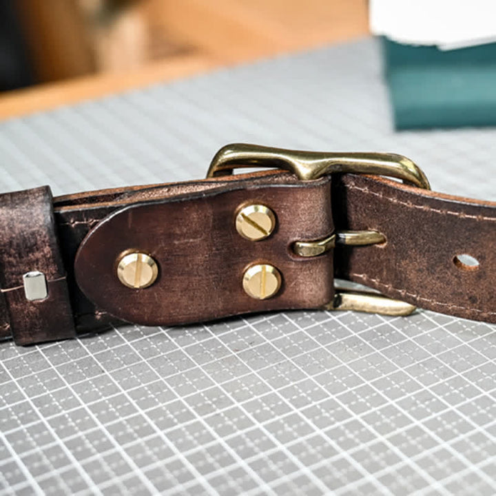 Retro Distressed Brass Buckle Hand-Made Stitching Leather Belt - image 10