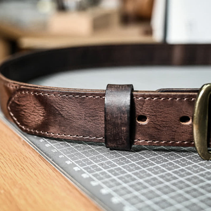 Retro Distressed Brass Buckle Hand-Made Stitching Leather Belt - image 9