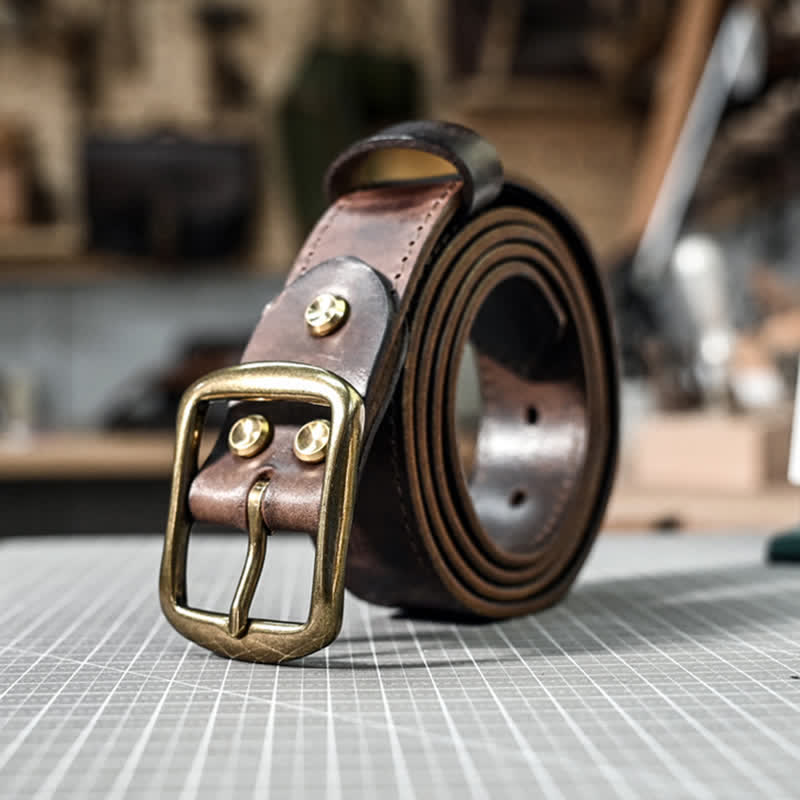 Retro Distressed Brass Buckle Hand-Made Stitching Leather Belt - image 5