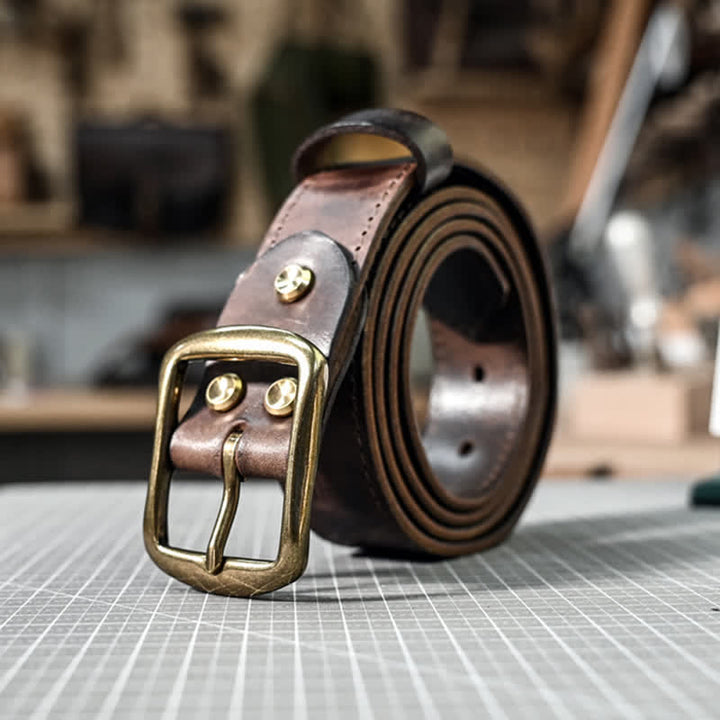 Retro Distressed Brass Buckle Hand-Made Stitching Leather Belt - image 5