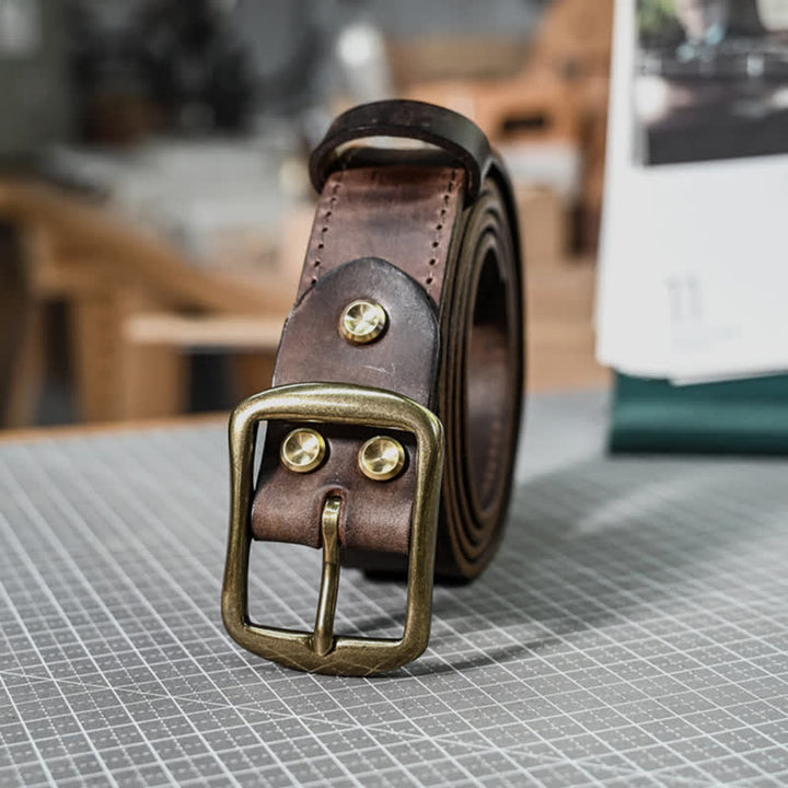 Retro Distressed Brass Buckle Hand-Made Stitching Leather Belt - image 6