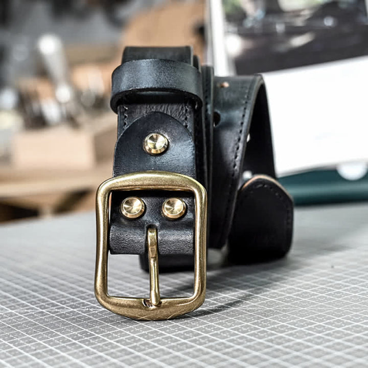 Retro Distressed Brass Buckle Hand-Made Stitching Leather Belt - Black - 42 - image 3