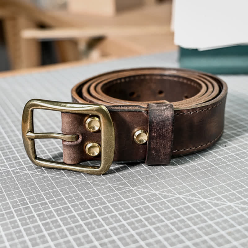 Retro Distressed Brass Buckle Hand-Made Stitching Leather Belt - image 7