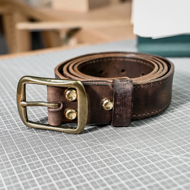 Retro Distressed Brass Buckle Hand-Made Stitching Leather Belt - image 7
