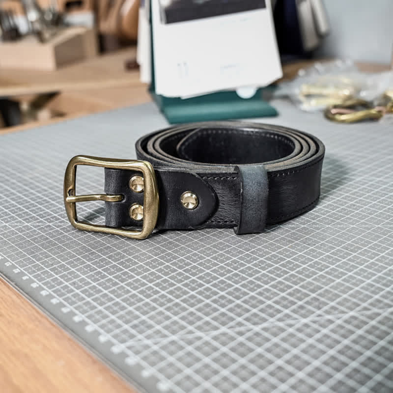 Retro Distressed Brass Buckle Hand-Made Stitching Leather Belt - image 5