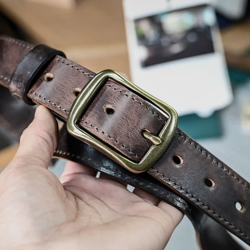 Retro Distressed Brass Buckle Hand-Made Stitching Leather Belt - image 8