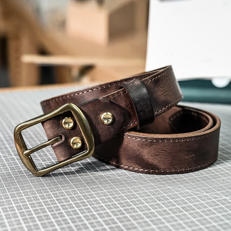 Retro Distressed Brass Buckle Hand-Made Stitching Leather Belt - image 4