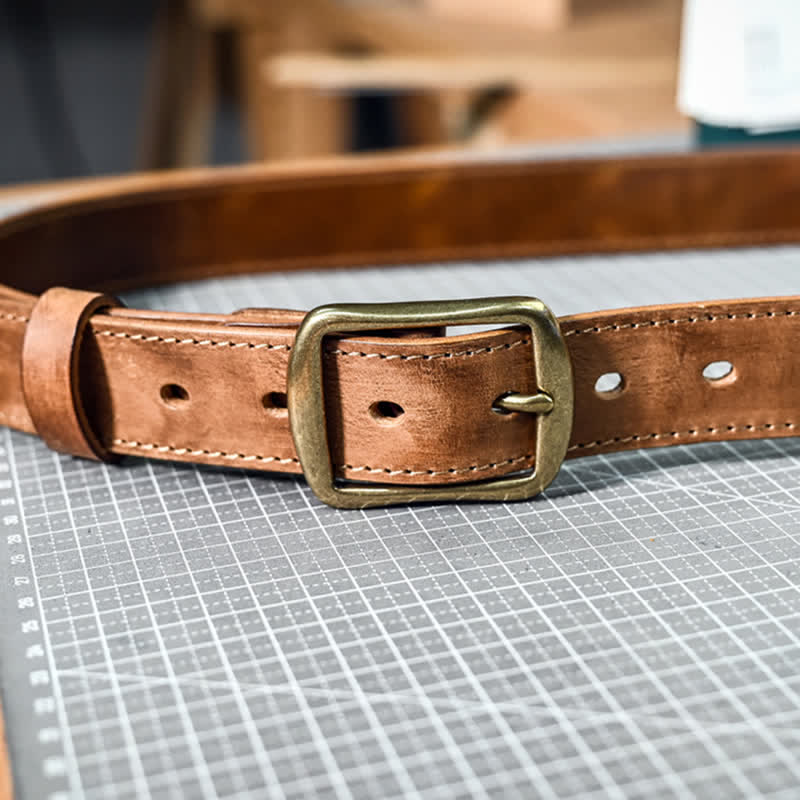 Retro Distressed Brass Buckle Hand-Made Stitching Leather Belt - image 2