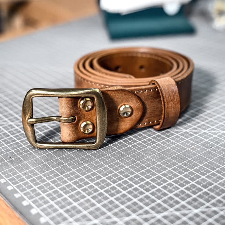 Retro Distressed Brass Buckle Hand-Made Stitching Leather Belt - image 1