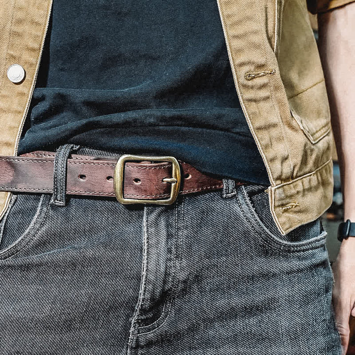 Retro Distressed Brass Buckle Hand-Made Stitching Leather Belt - Dark Brown - 42 - image 3