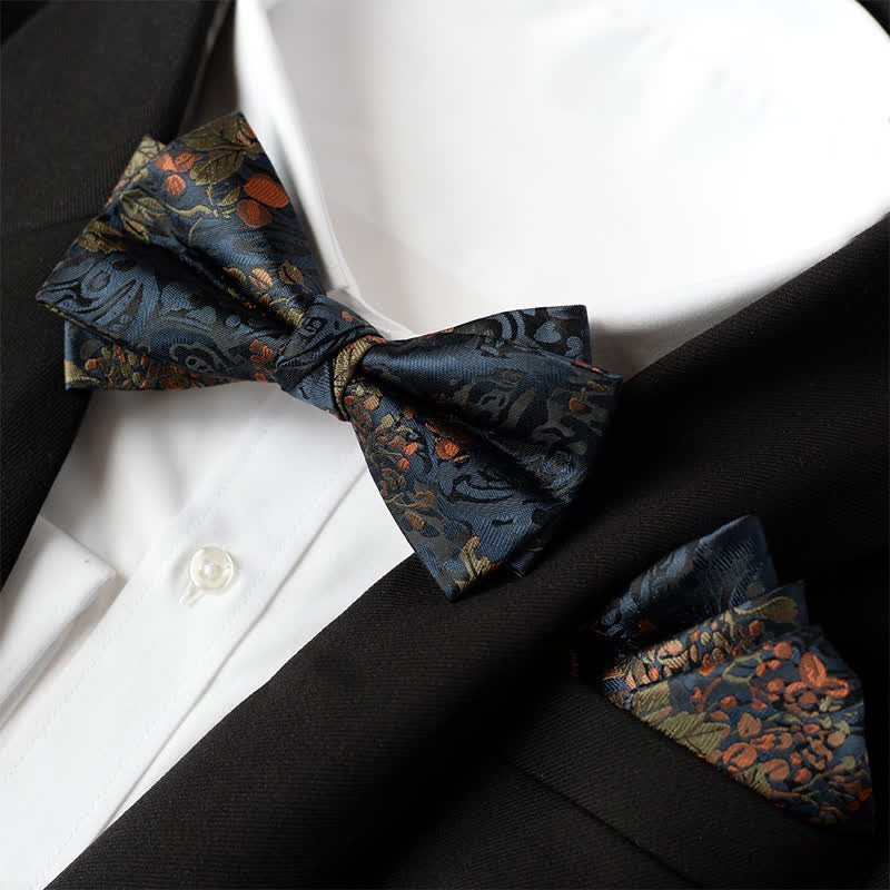 2Pcs Men's Elegant Flower Handkerchief Double Layered Bow Tie Set - Style #2 - Bow Tie + Handkerchief - image 3