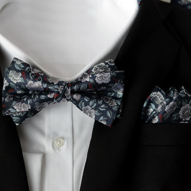 2Pcs Men's Elegant Flower Handkerchief Double Layered Bow Tie Set - Style #12 - Bow Tie + Handkerchief - image 13