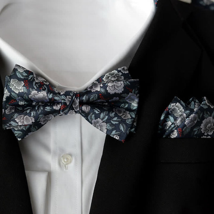 2Pcs Men's Elegant Flower Handkerchief Double Layered Bow Tie Set - Style #12 - Bow Tie + Handkerchief - image 13