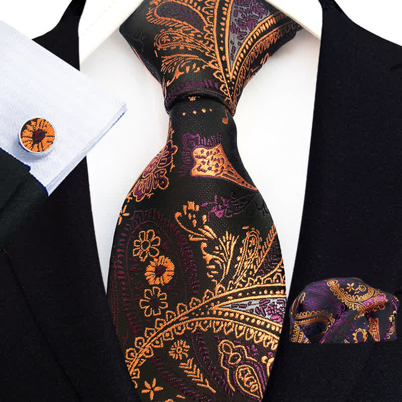 3Pcs Men's Orange Gold & Purple Paisley Flowers Necktie Set - Orange Gold & Purple - image 0