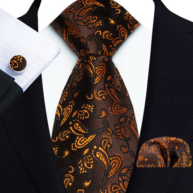 3Pcs Men's Brown Color Subtle Paisley Necktie Set - Brown - image 0