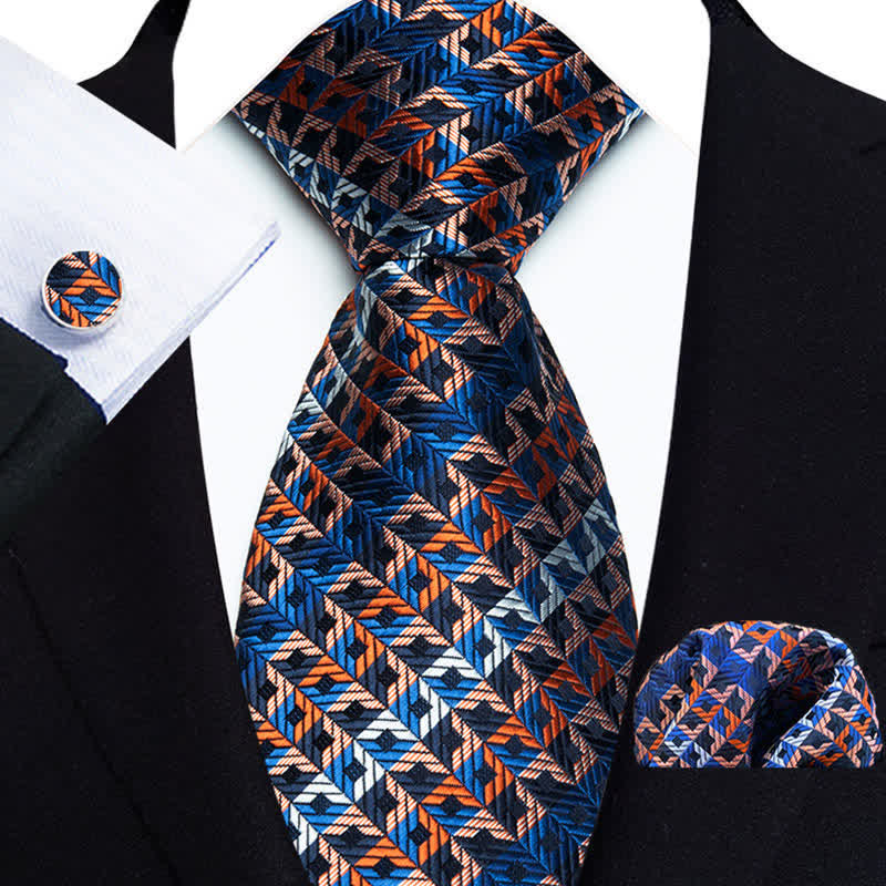 3Pcs Men's Blue & Orange Irregular Checked Striped Necktie Set - Blue & Orange - image 0