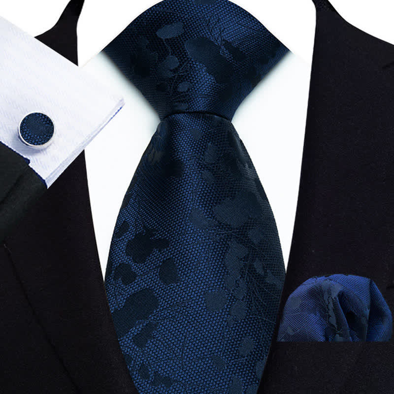 3Pcs Men's Midnight Blue Dark Flower Pattern Necktie Set - Midnight Blue - image 0