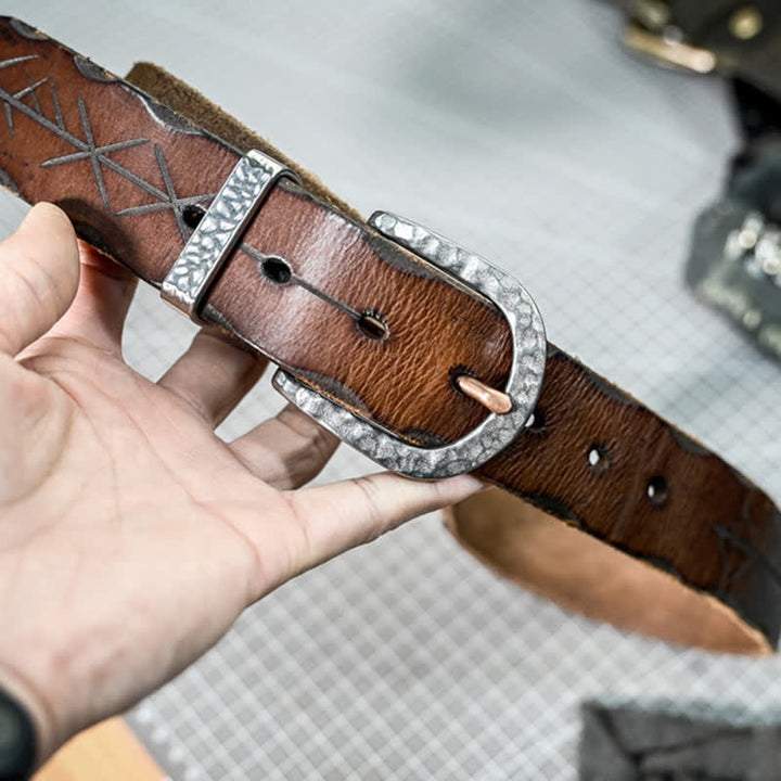 Silver Hammer Buckle Carved Arrow Pattern Leather Belt - image 2
